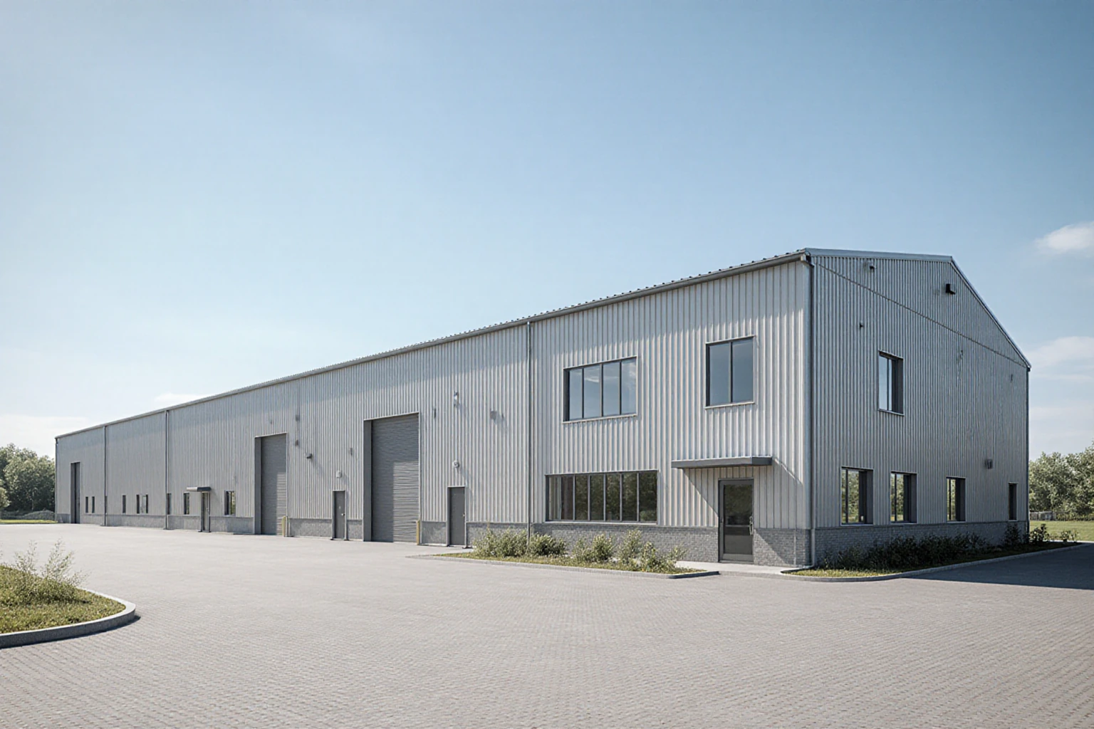 Industrial hall and office building beside a functional yard