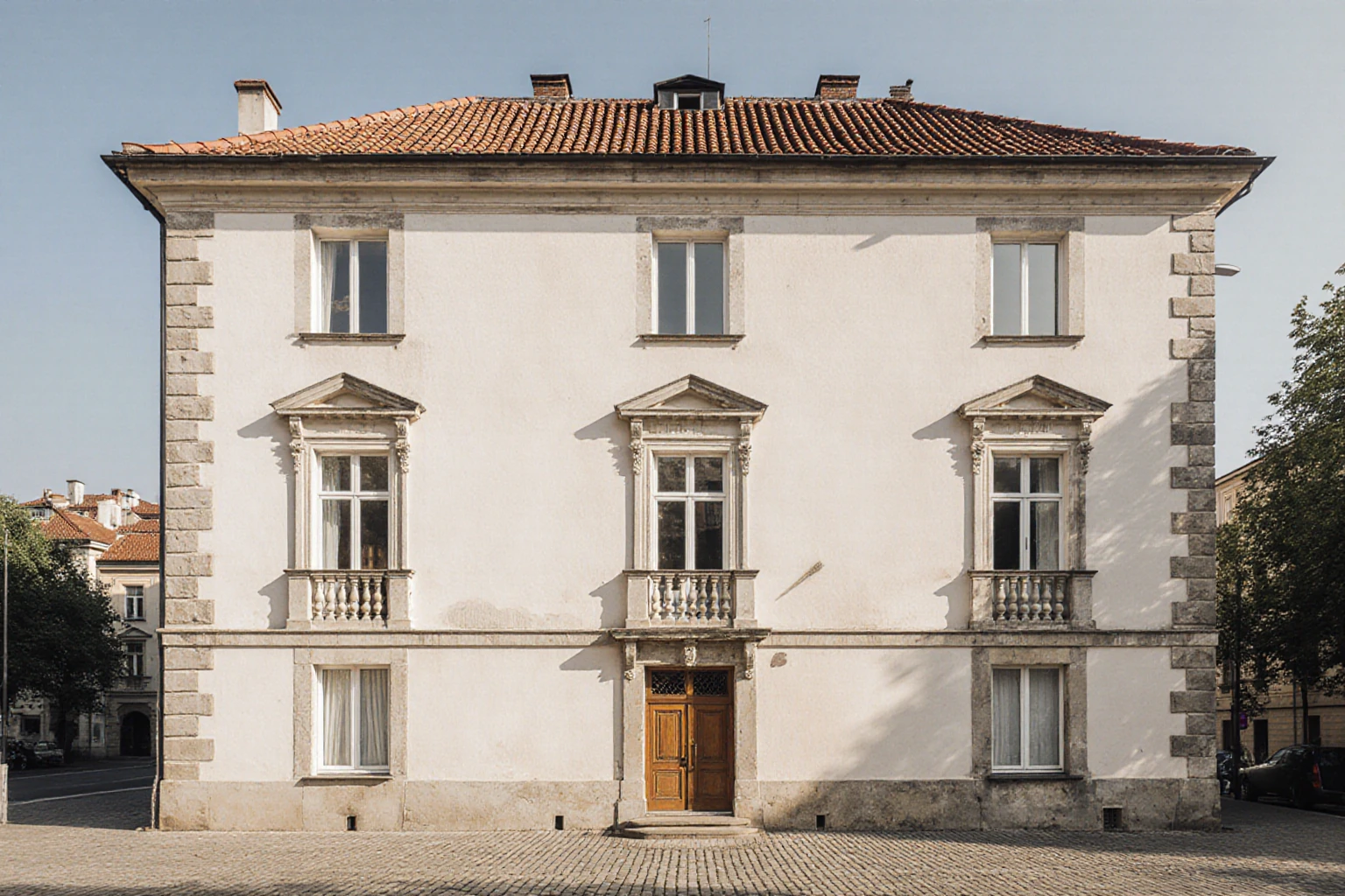 Residential building with a pale plaster facade and a red tiled roof